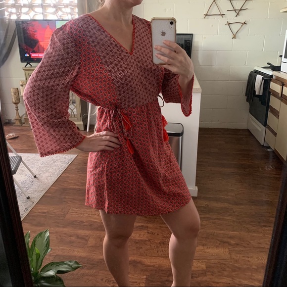 Boden Red Floral Print Tunic Dress Tassel Pom Pom - Picture 7 of 13